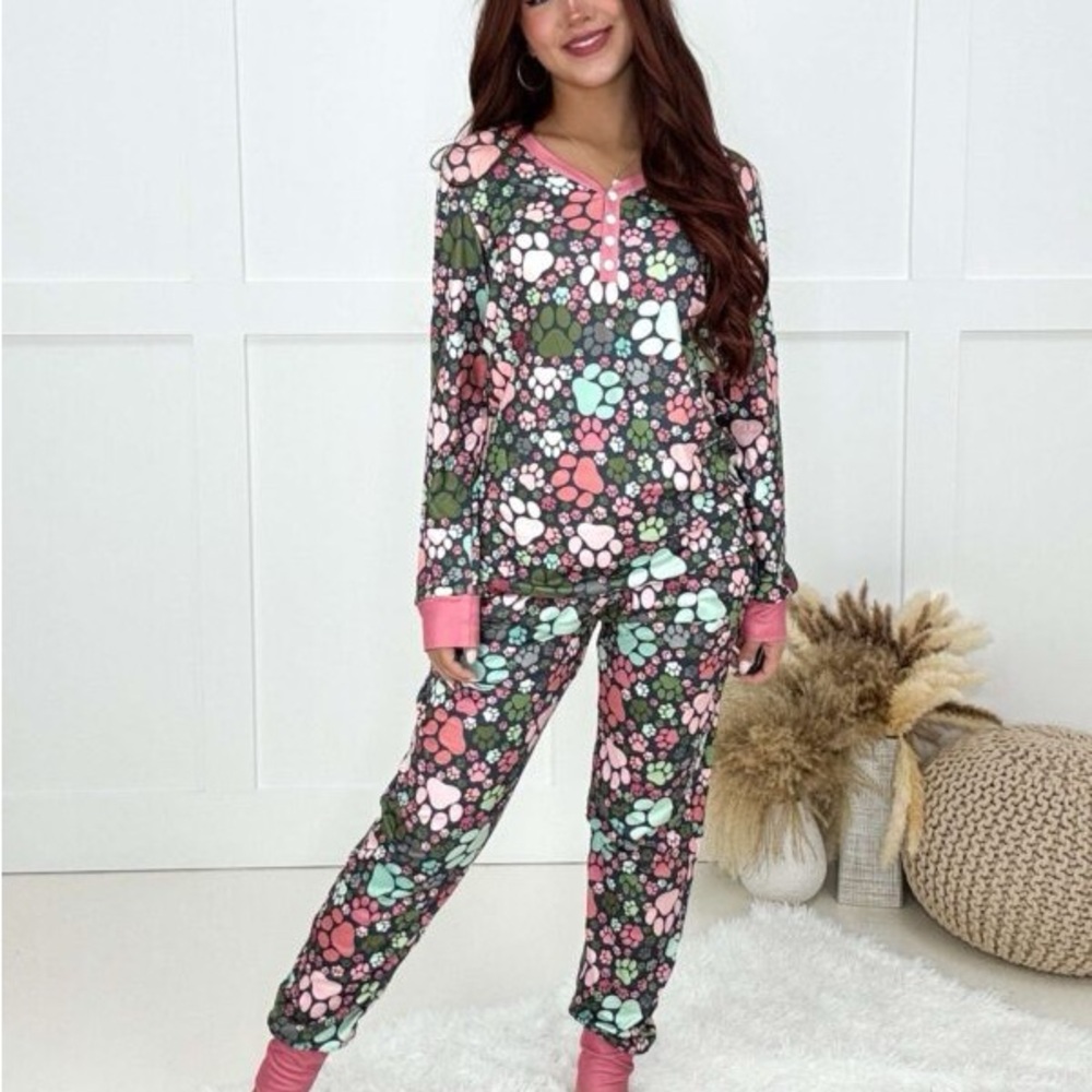 Women's Paw Print Pajama Set - Pink, Green, White